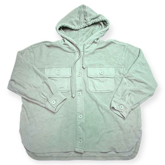 AMERICAN EAGLE Women’s Light Sage Green Corded Oversized Button-Up Hooded Shacke - Picture 3 of 7